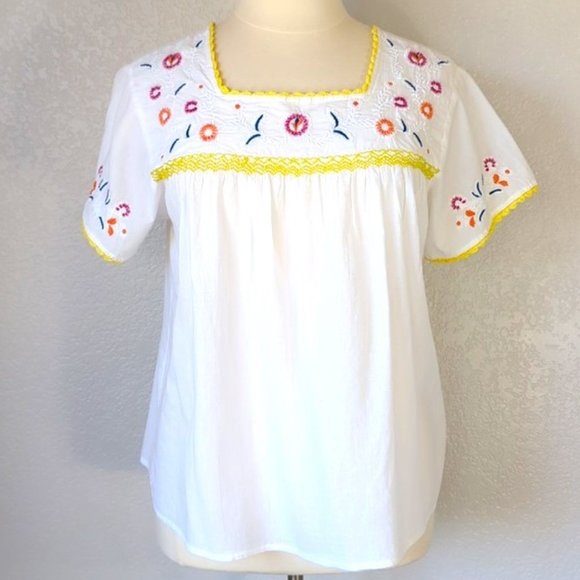 Catherine Malandrino 1X Peasant Blouse White Embroidered Square Neckline - Picture 1 of 8